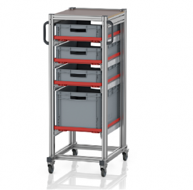 Bakkenwagen met 3 stapelbakken 60x40x17cm en 1x 60x40x32cm