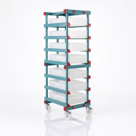 Kunststof bakkenwagen met 8 stapelbakken, 60x40x12cm, WIt, HDPE, NORAH Plastics