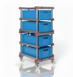 Kunststof bakkenwagen incl. 4 stapelbakken 60x40x22cm, blauw, NORAH Plastics