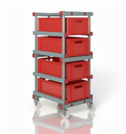 Regaalwagen incl. 4 stapelbakken 60x40x22cm, rood, NORAH Plastics
