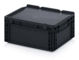ESD stapelbak met klapdeksel 40x30x18,5cm, inhoud 15 liter, Zwart, NORAH Plastics