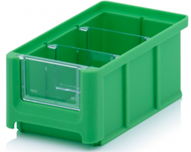 Magazijnbak 16x10,2x7,5cm, inhoud 0,77 liter met 2 dwarsverdeelschotten en insteekzichvenster