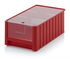 Magazijnbak, Rood, 50x31x20cm, inhoud 25 liter met insteekvenster, deksel en 2 verdeelschotten, NORAH PLastics