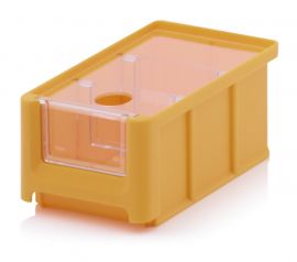 Magazijnbak 16X10,2X7,5cm, inhoud 0,77 liter met insteekvenster, deksel en 2 verdeelschotten, Geel, NORAH Plastics