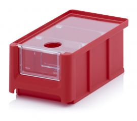 Magazijnbak 16X10,2X7,5cm, inhoud 0,77 liter met insteekvenster, deksel en 2 verdeelschotten, Rood, NORAH Plastics