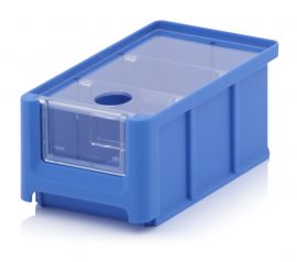 Magazijnbak 16X10,2X7,5cm, inhoud 0,77 liter met insteekvenster, deksel en 2 verdeelschotten, Blauw, NORAH Plastics