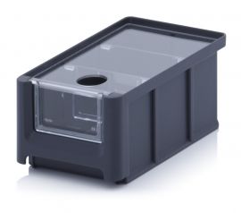 Magazijnbak 16X10,2X7,5cm, inhoud 0,77 liter met insteekvenster, deksel en 2 verdeelschotten, Zwart, NORAH Plastics