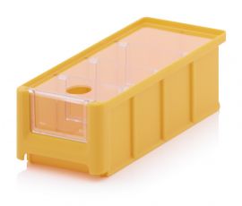 Magazijnbak 21,5X10X7,5cm, inhoud 1,08 liter met insteekvenster, deksel en 3 verdeelschotten, Geel, NORAH Plastics