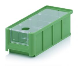 Magazijnbak 21,5X10X7,5cm, inhoud 1,08 liter met insteekvenster, deksel en 3 verdeelschotten, Groen, NORAH Plastics