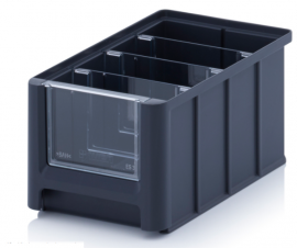 Magazijnbak 22,5x15x12,5cm, inhoud 3,17 liter met 3 dwarsverdeelschotten en insteekzichvenster